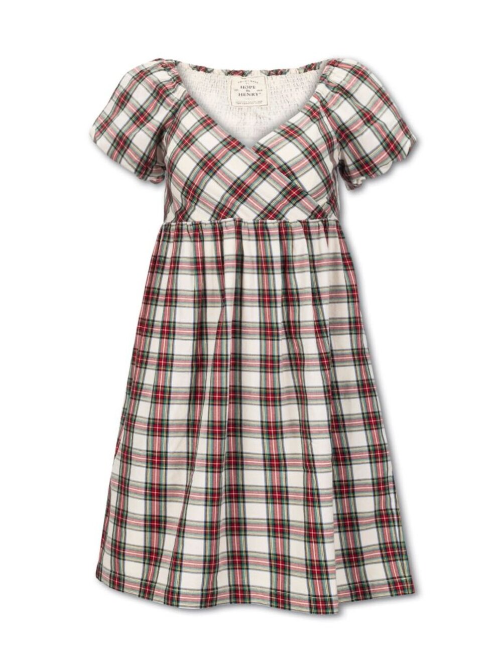 Hope & Henry Puff Sleeve Crossover Dress - Ivory Holiday Tartan - Picture 4 of 6